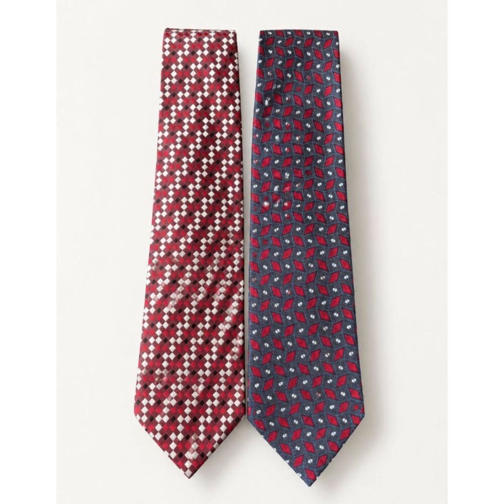 Geoffrey Beene 100% Silk Neckties Lot of 2 Red Blue Geometric Classic Mens